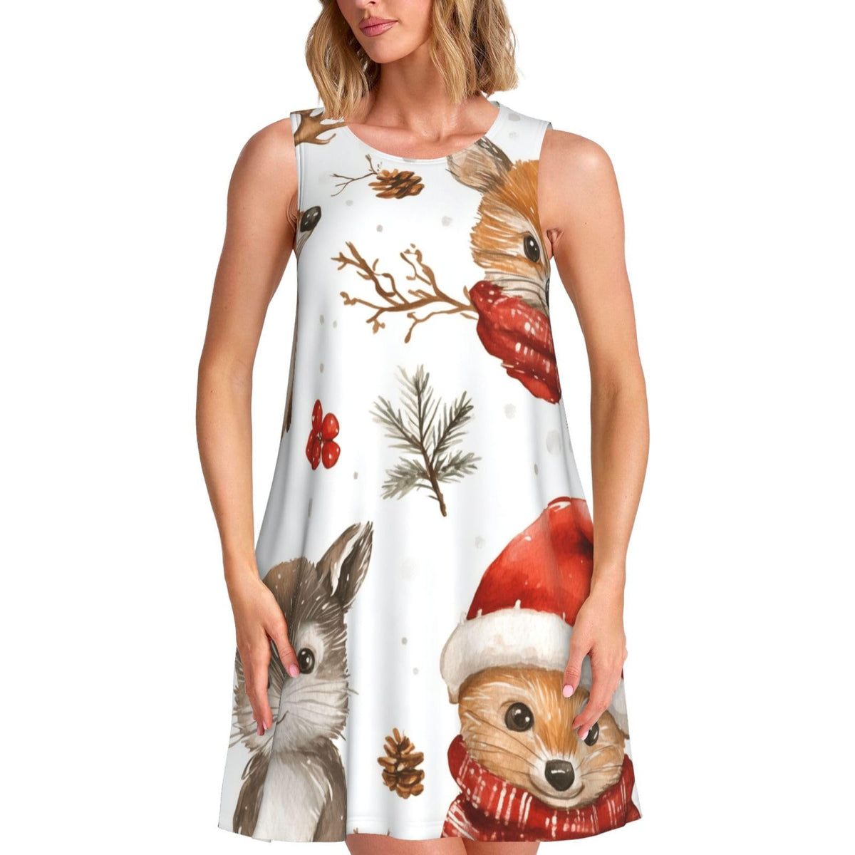 sans manches pour femme, motif animaux d'hiver et de Noël, avec 2 poches latérales, coupe trapèze.