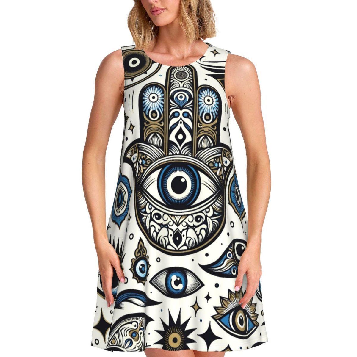 sans manches Augenstern Blue-Evil-Eye pour femme, avec 2 poches latérales, coupe trapèze.