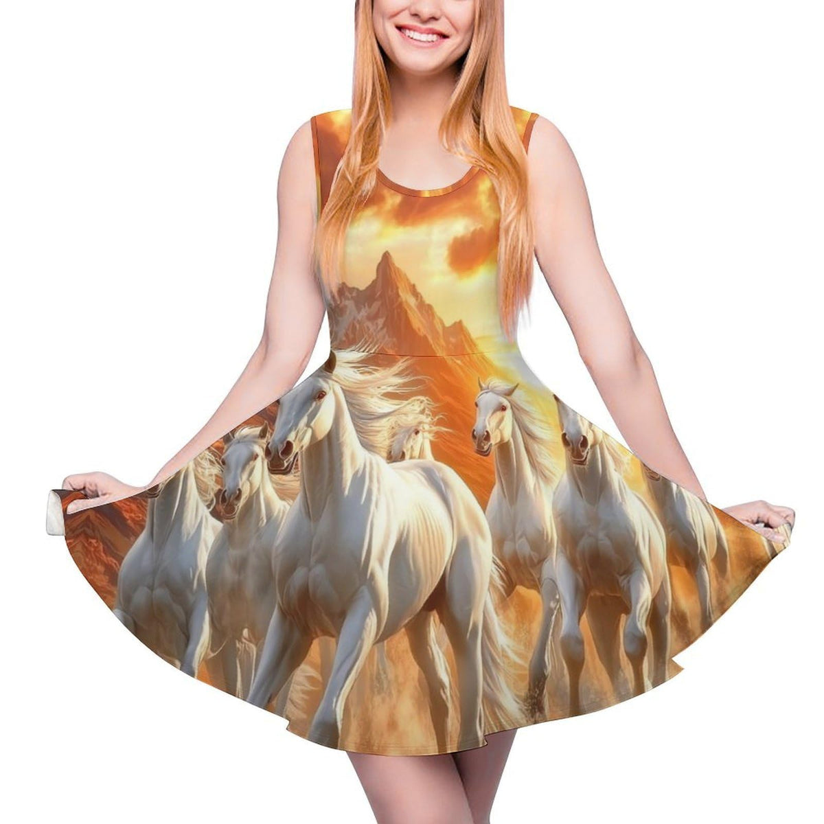 femme Seven Lucky Running Wild Horses, robe à col rond, robe débardeur sans manches, robe d'été à ourlet volanté